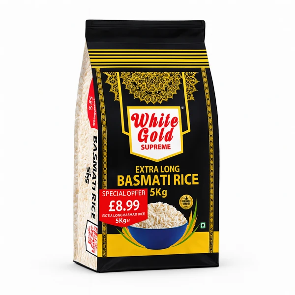 WHITE GOLD SUPREME EX-LONG BASMATI RICE 5KG PM-£8.99