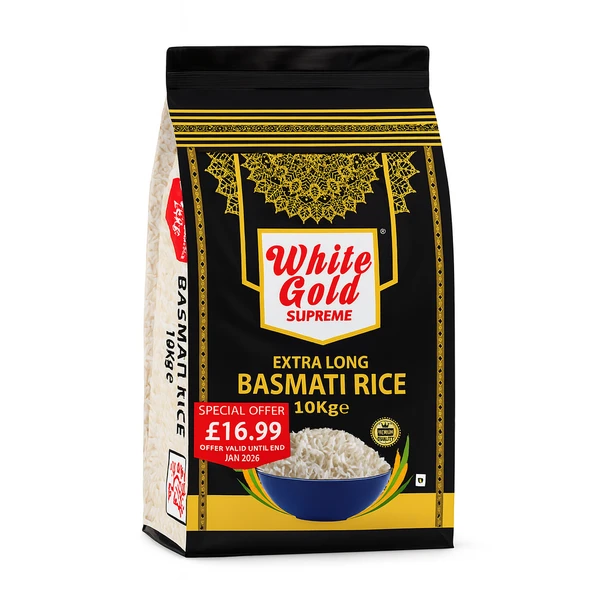 	WHITE GOLD SUPREME EX-LONG BASMATI RICE 10KG PM-£16.99