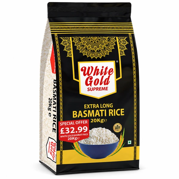 WHITE GOLD SUPREME EX-LONG BASMATI RICE 20KG PM-£32.99